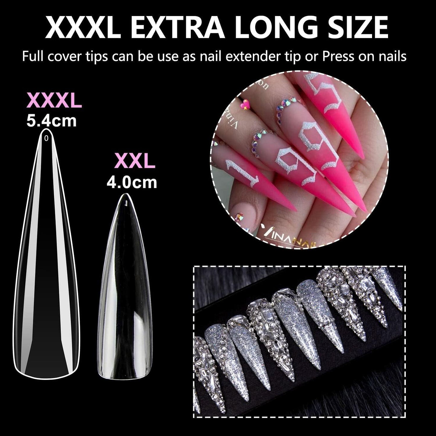 INENK No C Curve XXL Stiletto Coffin Nail Tips 400Pcs Clear Acrylic 10 Sizes