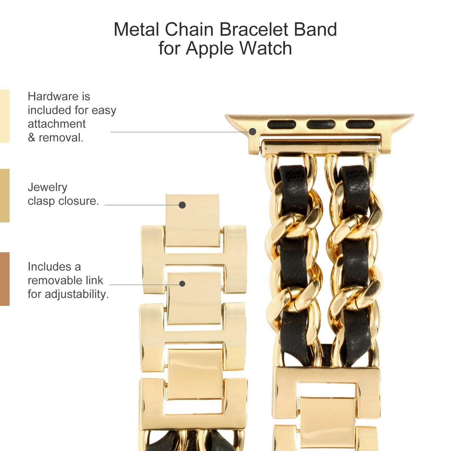 Long Pond Designer Apple Watch Metal Chain Bracelet Band 42-49mm Gold Black