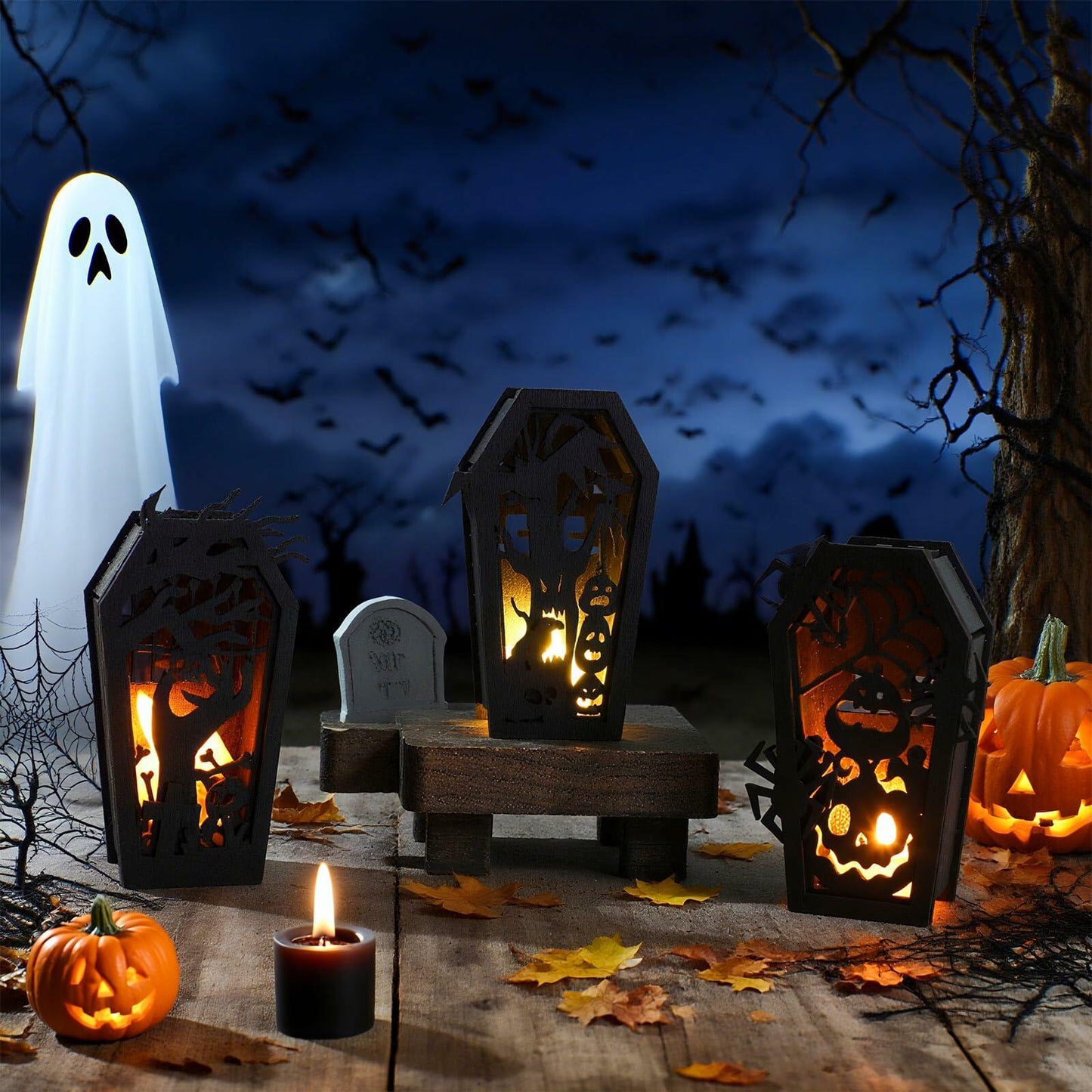 GlikCeil Halloween Wood Coffin Candle Holders 5 Pcs Black Gothic Decor