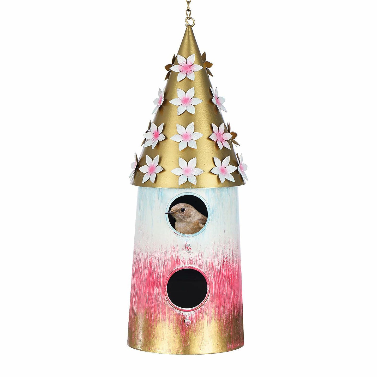 BAYN 2-Story Double Hole Golden Metal Hanging Bird House Outdoor