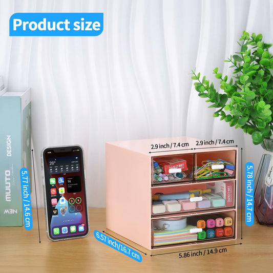 LETURE Desk Organizer 4 Drawers Clear Plastic Office Storage Pink