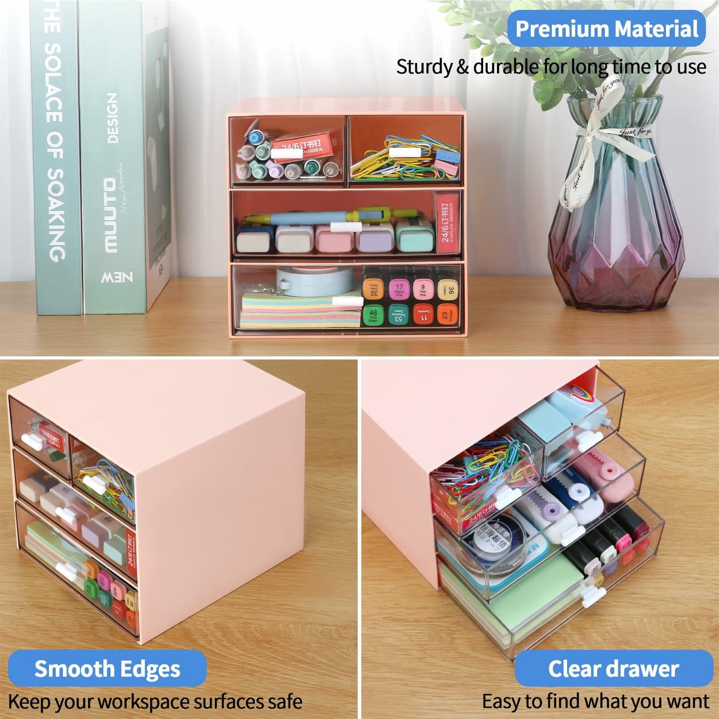 LETURE Desk Organizer 4 Drawers Clear Plastic Office Storage Pink