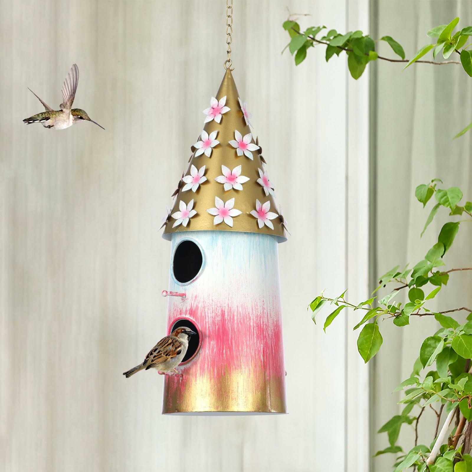 BAYN 2-Story Double Hole Golden Metal Hanging Bird House Outdoor