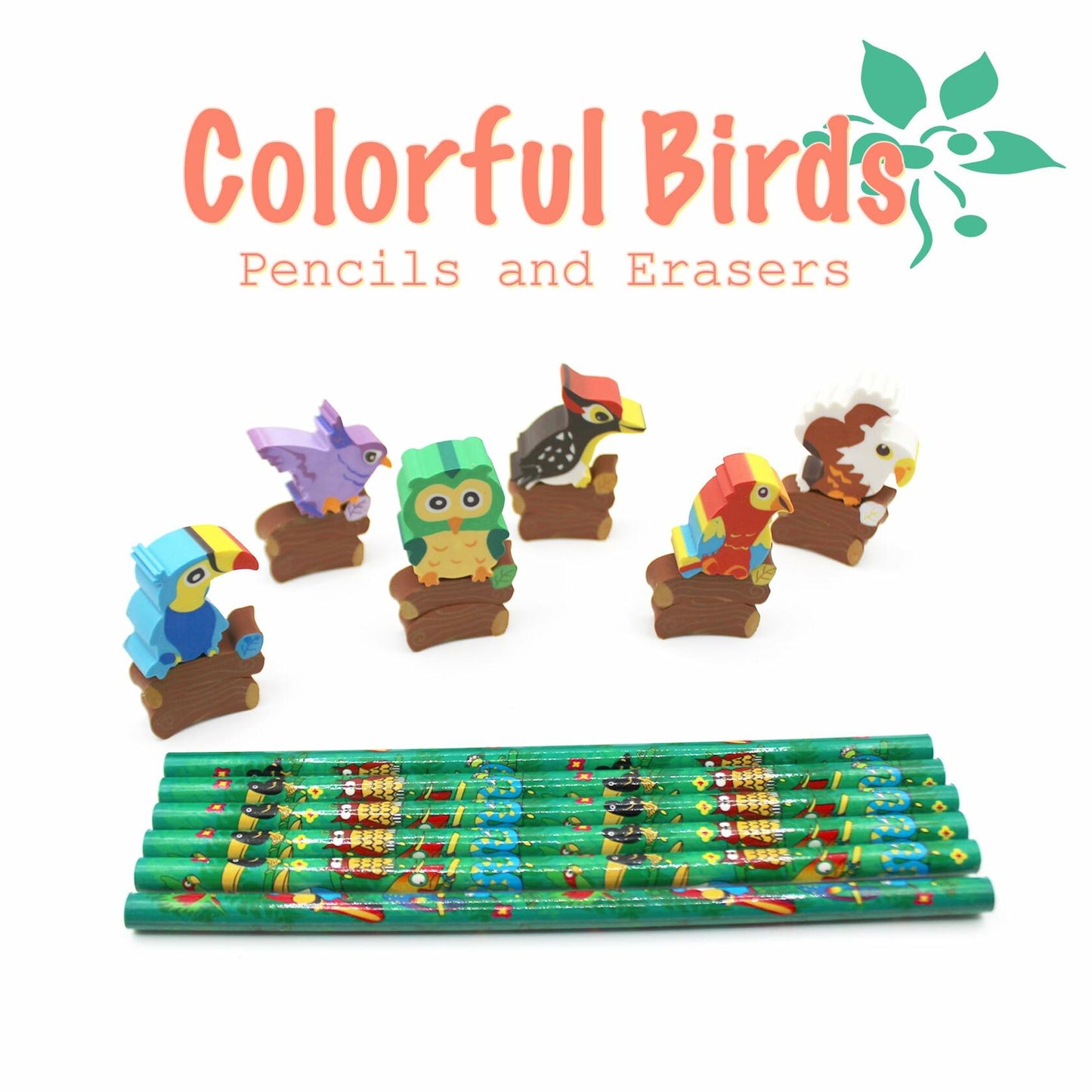 Colorful Bird Decorative Pencils with Erasers Set of 6, 0.35lb
