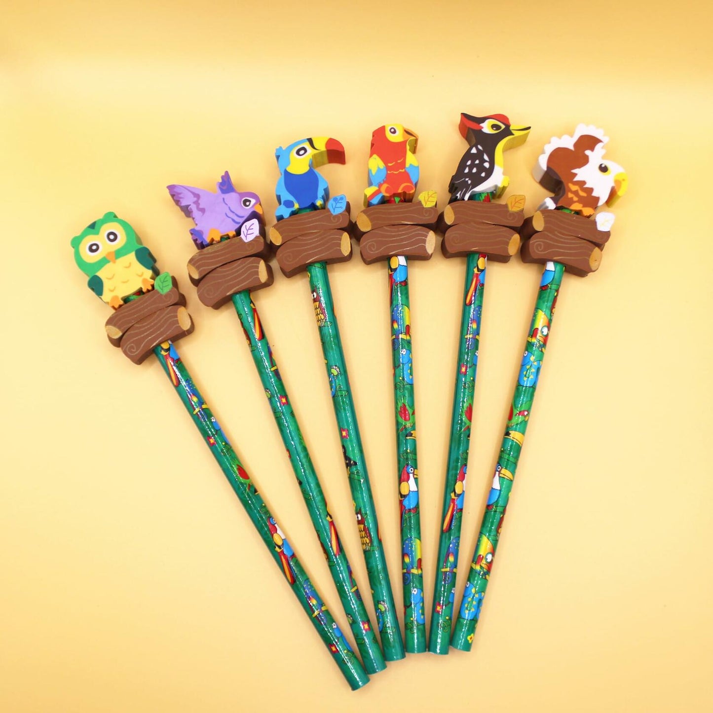 Colorful Bird Decorative Pencils with Erasers Set of 6, 0.35lb