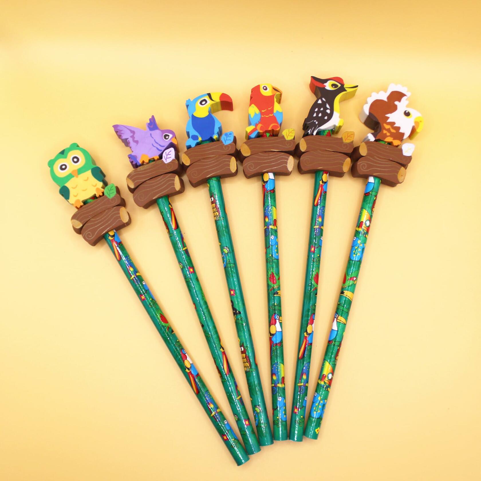 Colorful Bird Decorative Pencils with Erasers Set of 6, 0.35lb