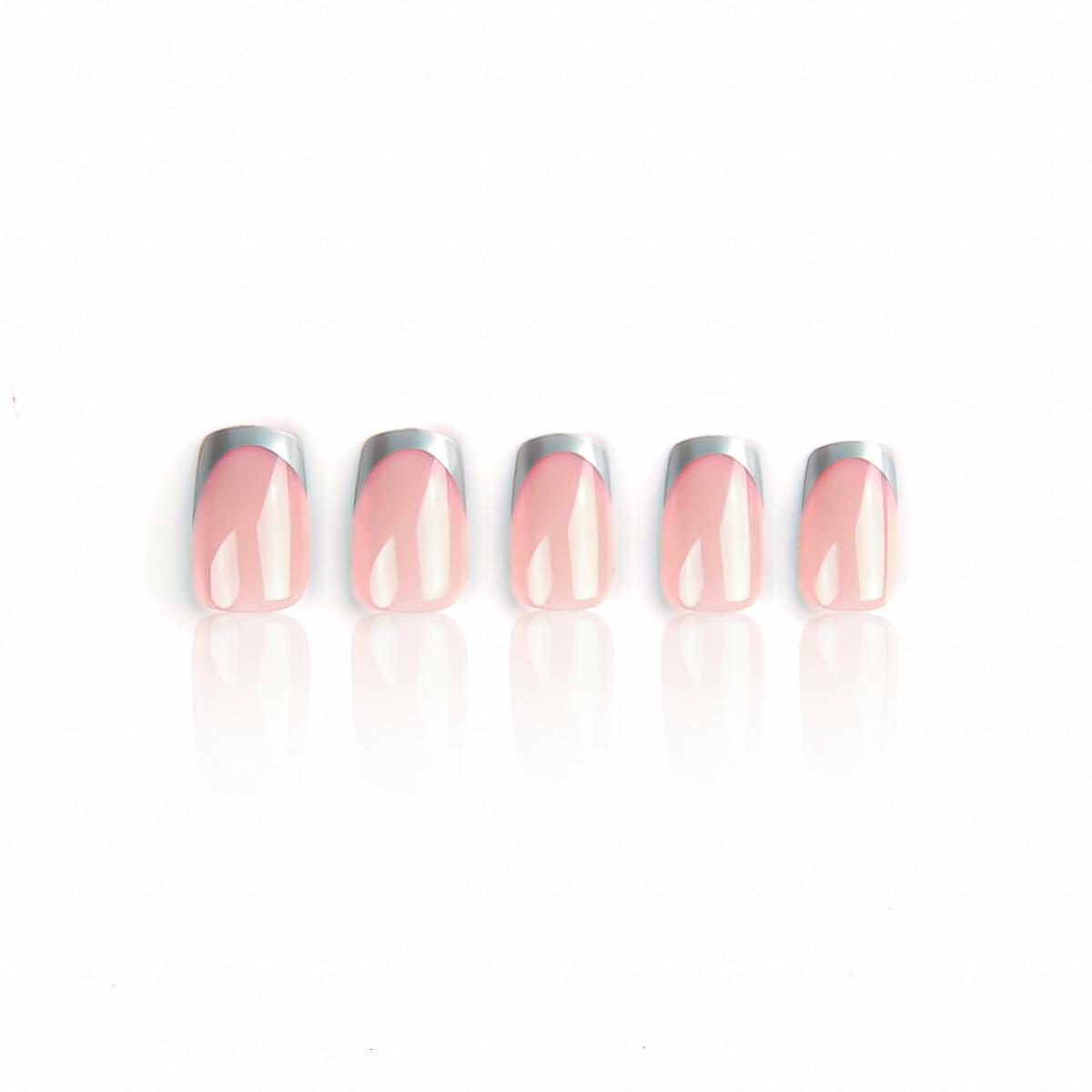 SHANRUN Pink Press On Nails Short Square Silver French 24 Pcs