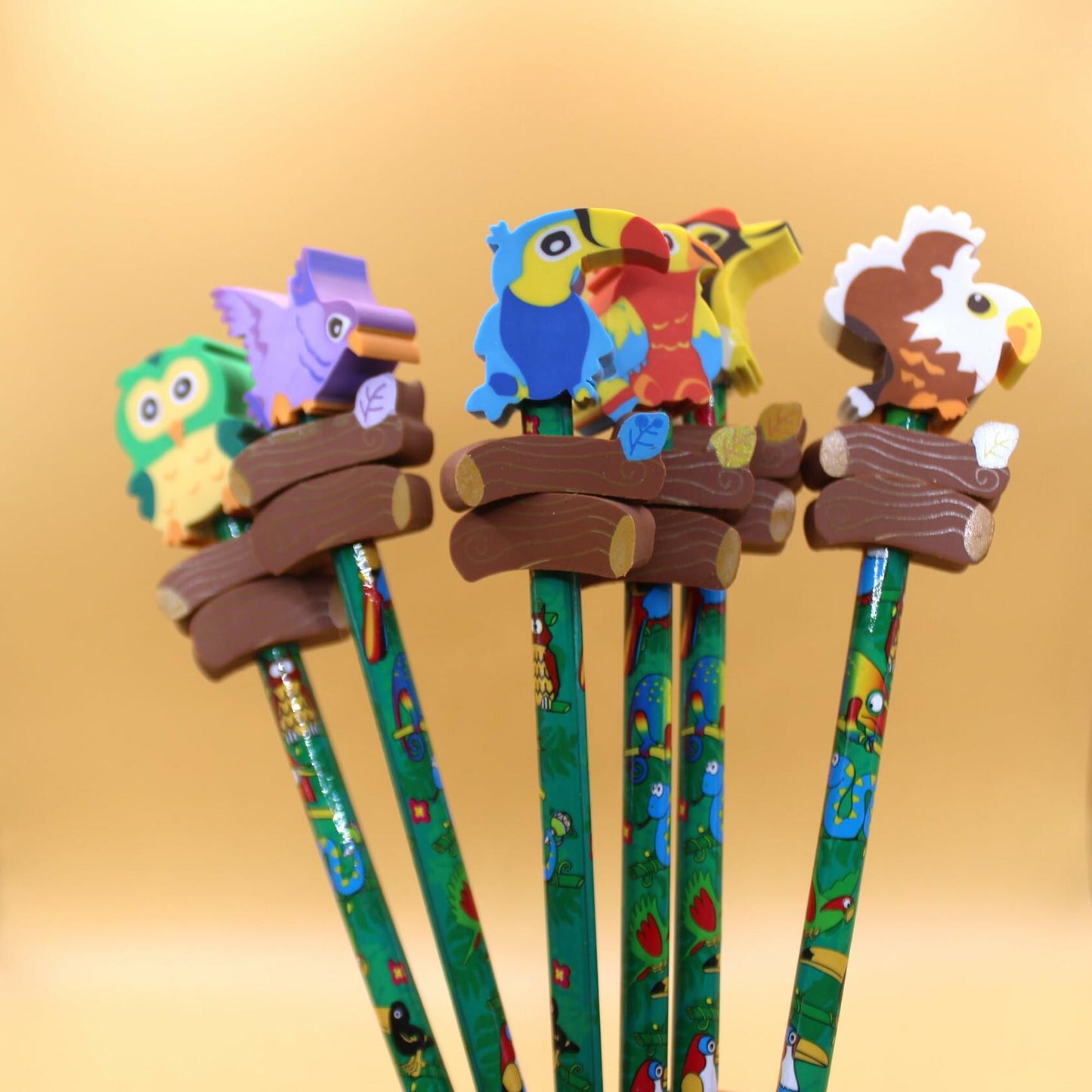Colorful Bird Decorative Pencils with Erasers Set of 6, 0.35lb