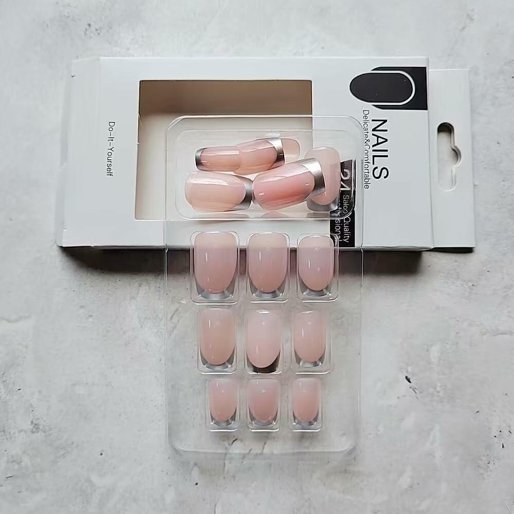 SHANRUN Pink Press On Nails Short Square Silver French 24 Pcs