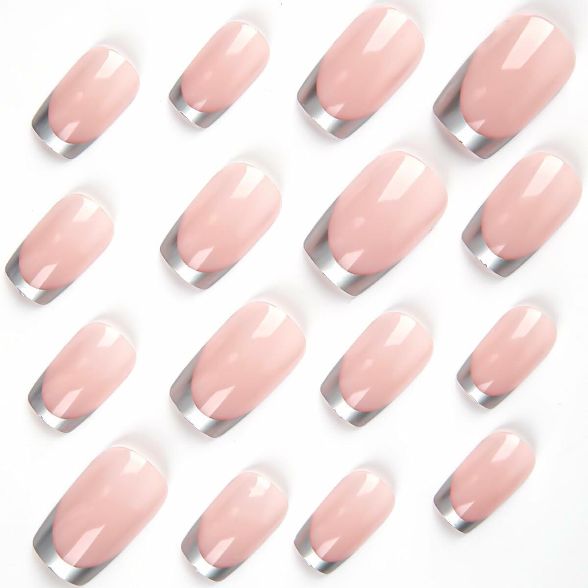 SHANRUN Pink Press On Nails Short Square Silver French 24 Pcs