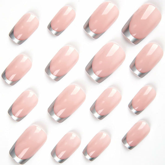 SHANRUN Pink Press On Nails Short Square Silver French 24 Pcs