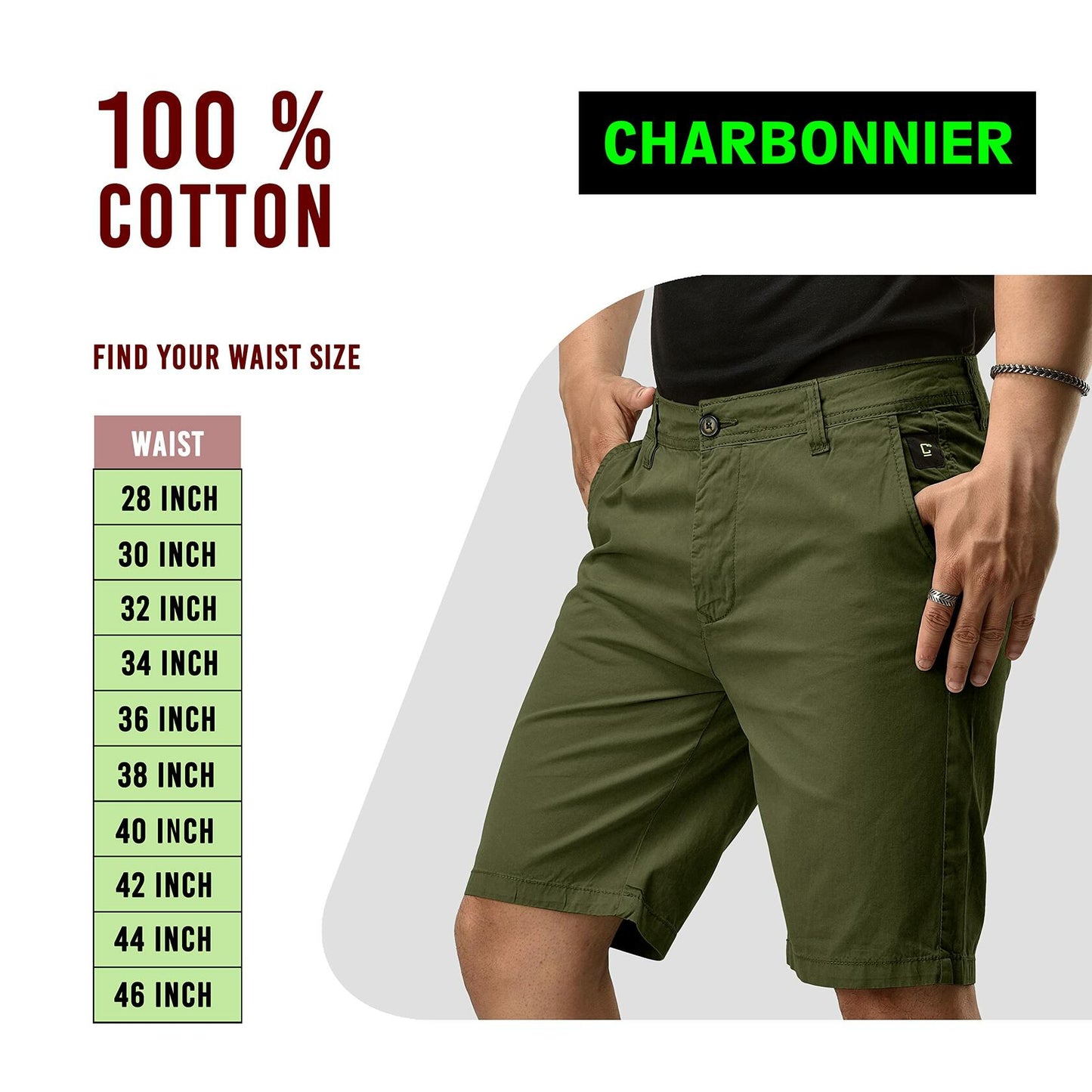 CHARBONNIER Men's Chino Shorts Performance Series 100% Cotton Army Size 30