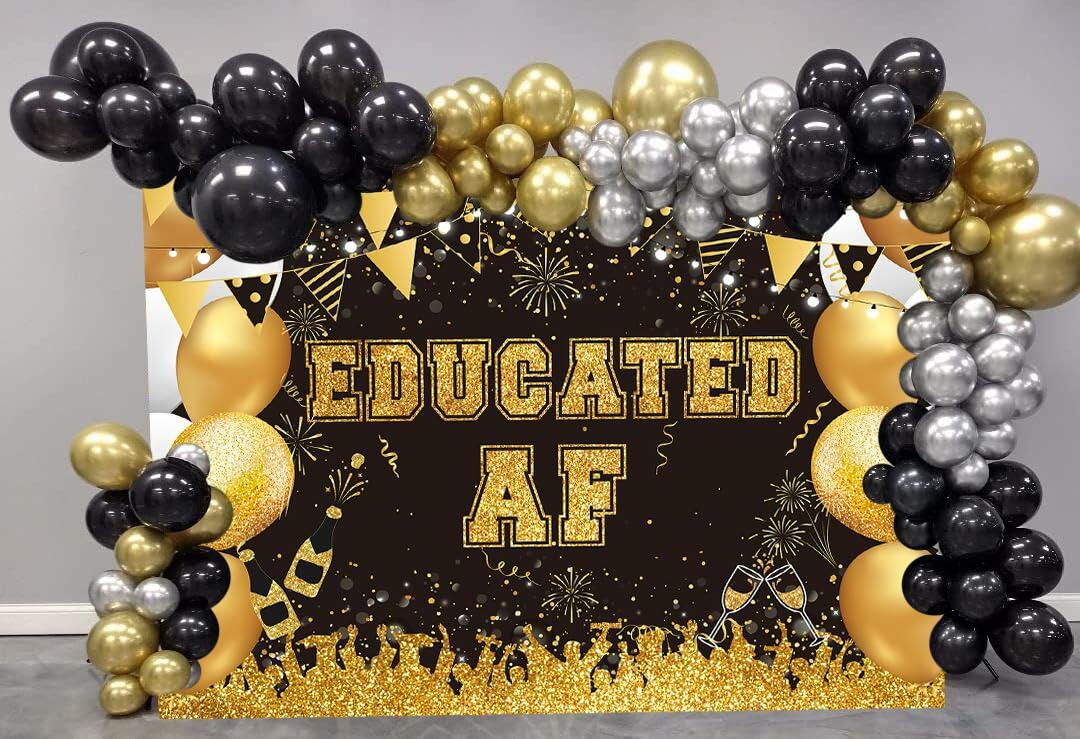 BUTEN Educated AF Graduation Banner 2025 Congrats Grad Black Gold 6x4FT