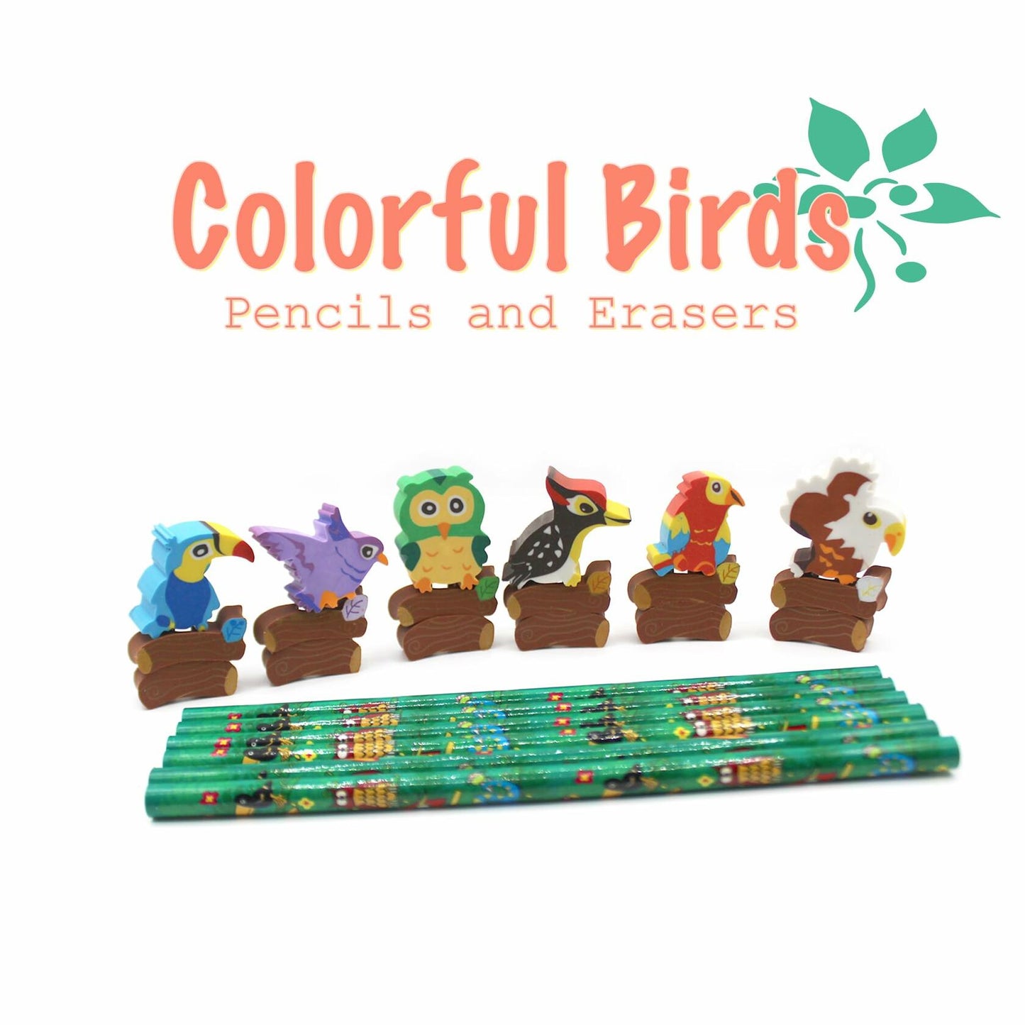 Colorful Bird Decorative Pencils with Erasers Set of 6, 0.35lb