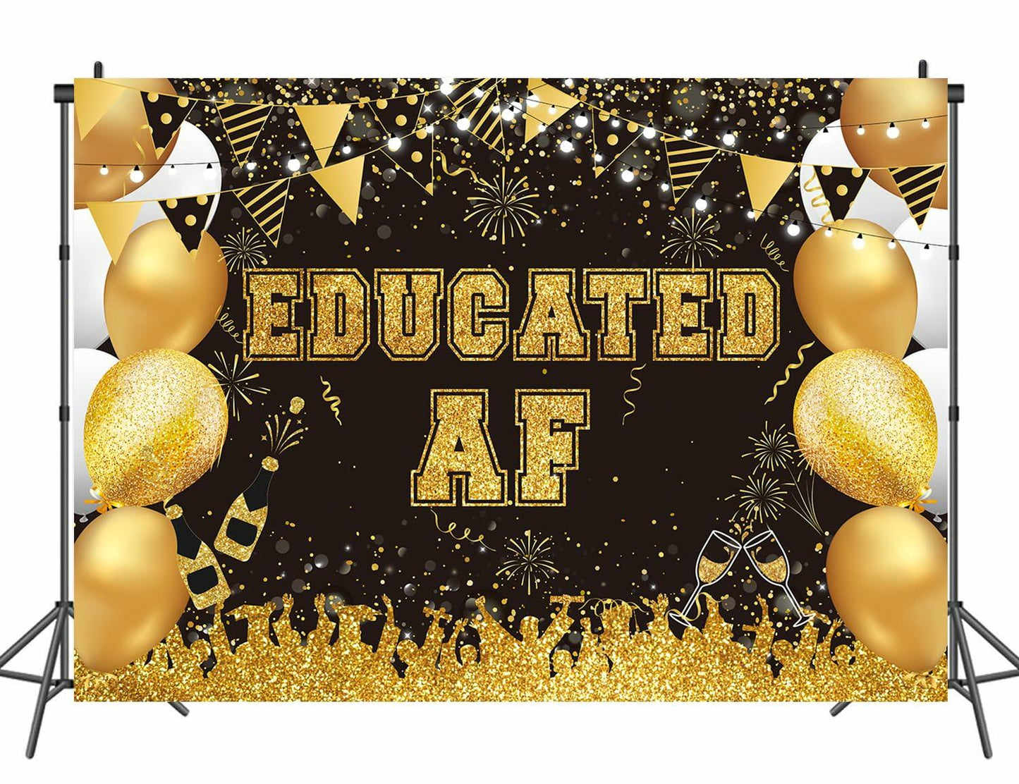 BUTEN Educated AF Graduation Banner 2025 Congrats Grad Black Gold 6x4FT