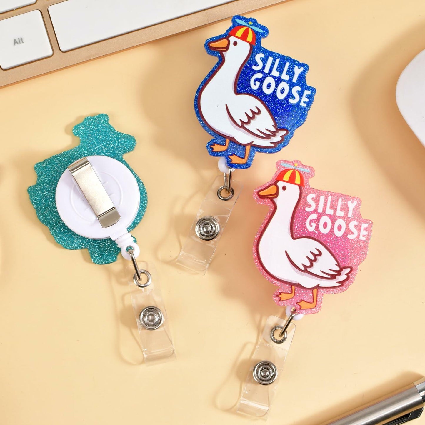 3PCS Silly Goose Glitter Retractable Badge Reels ID Holder with Clip for Nurse