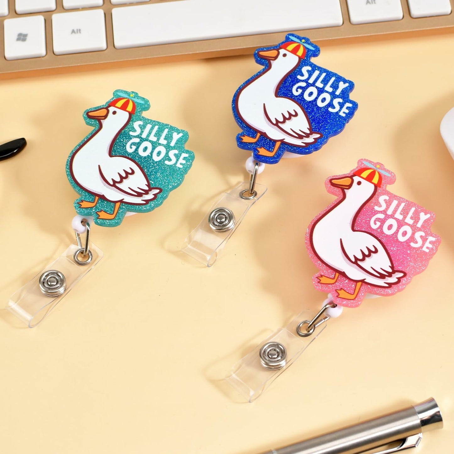 3PCS Silly Goose Glitter Retractable Badge Reels ID Holder with Clip for Nurse