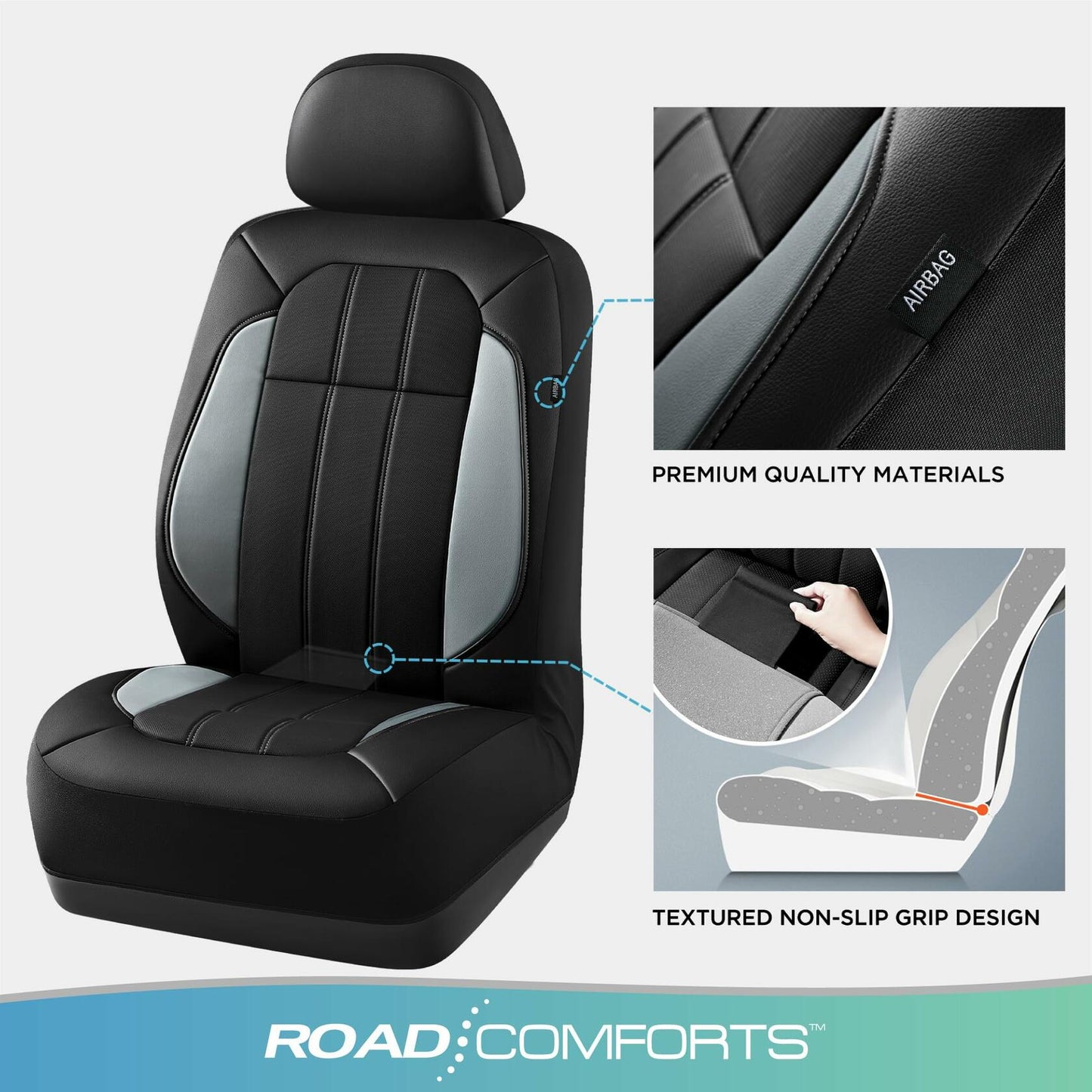 Road Comforts Breathable Leather Car Seat Covers Front Seats Airbag Safe Gray