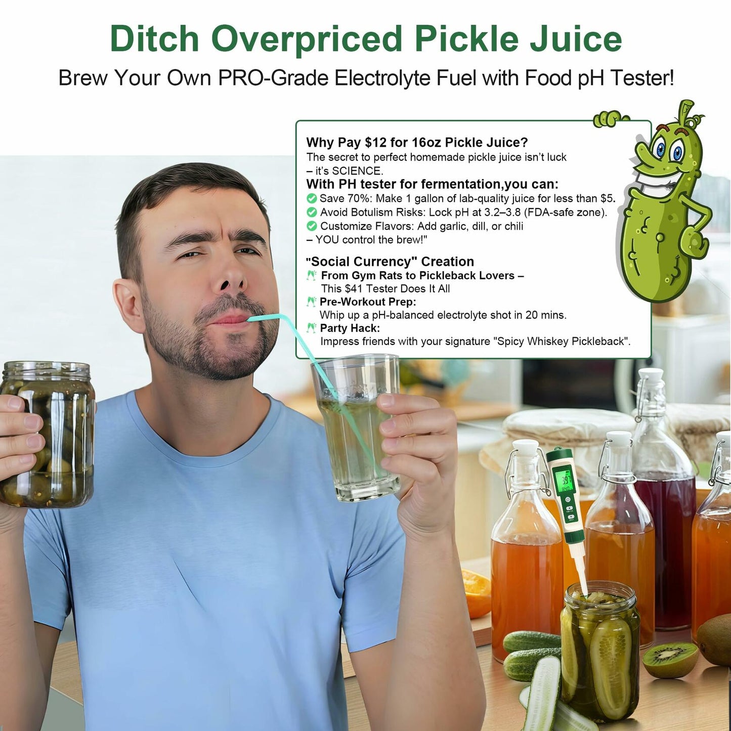 RAINLEOTI Digital pH Meter Food Tester with 2 Probes for Fermented Foods