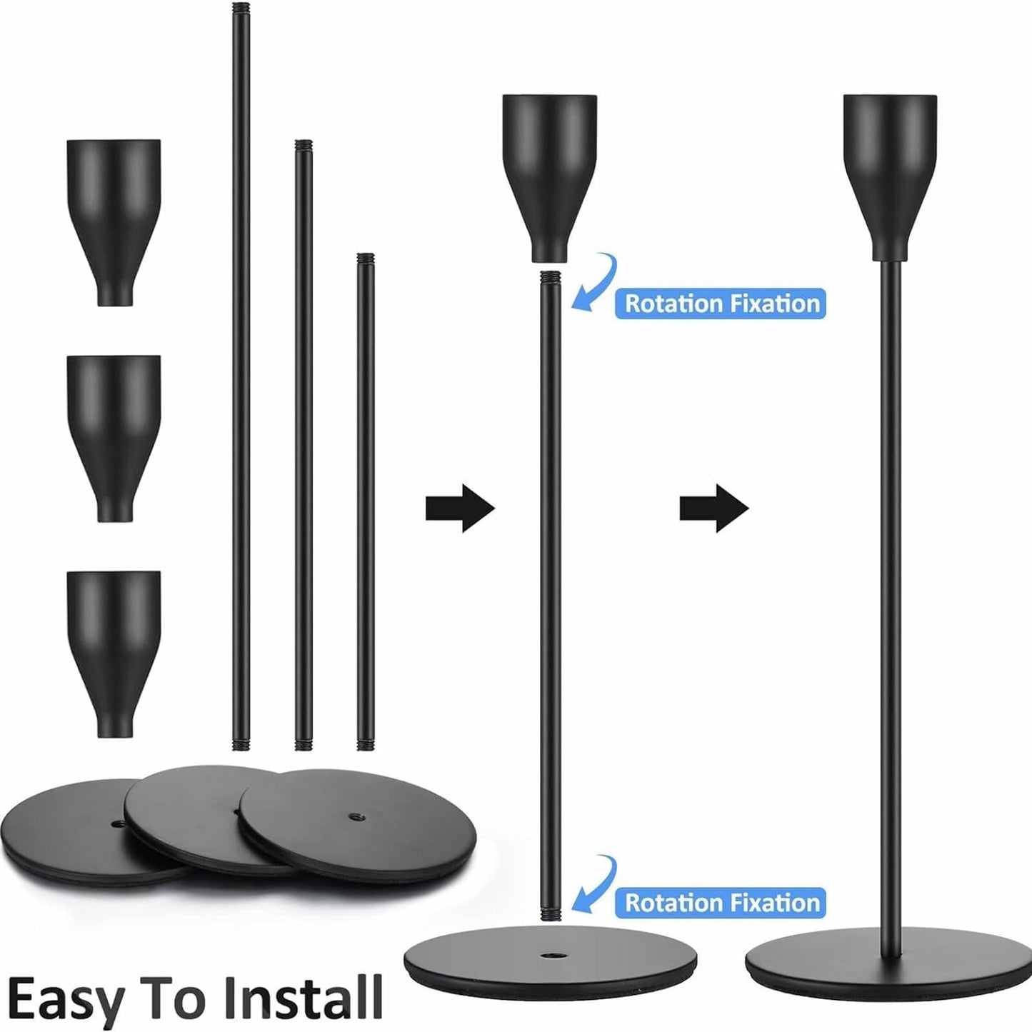 KELLYJAY Candle Candlestick Holder Set of 6 Black Metal Taper Tall 3/4" Fit