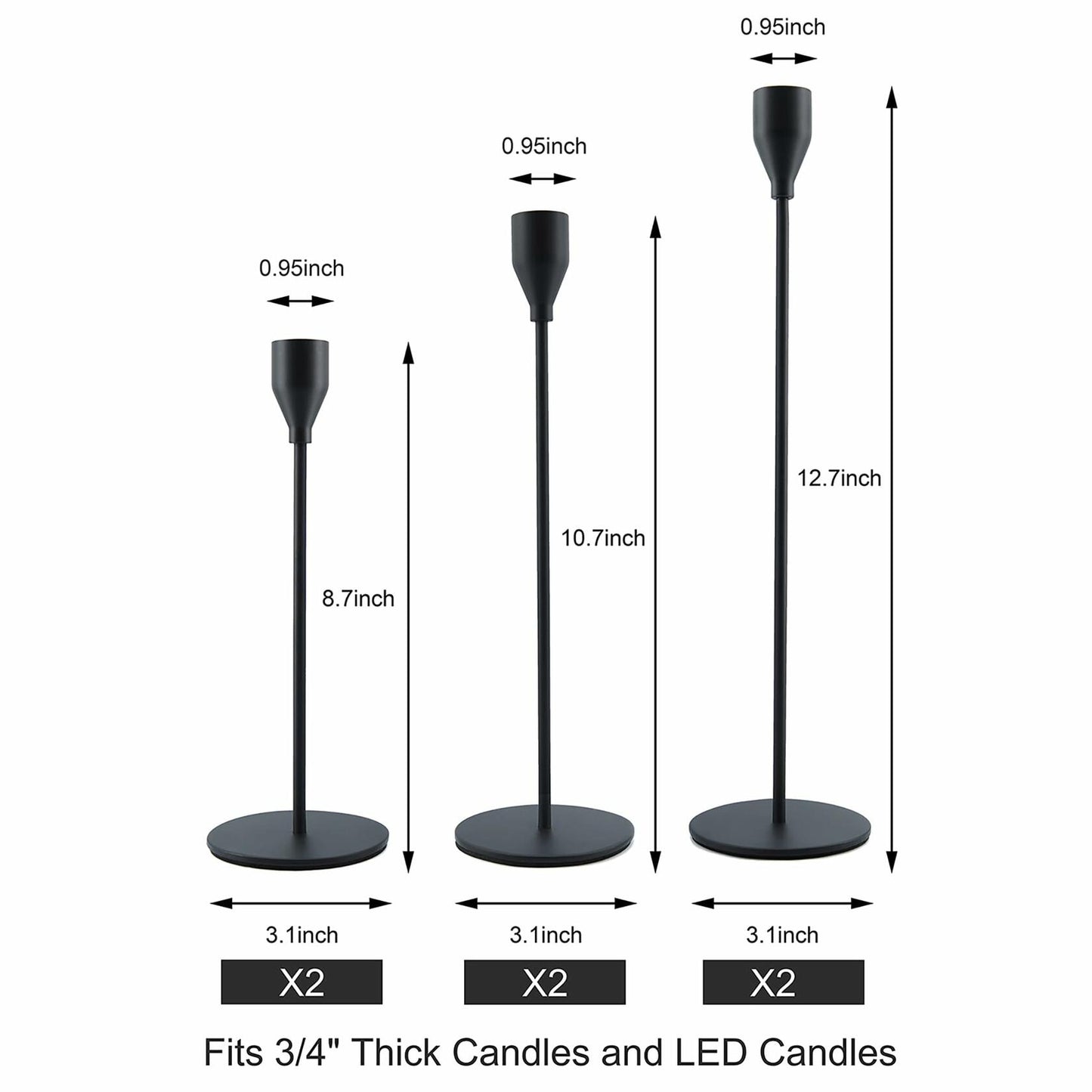 KELLYJAY Candle Candlestick Holder Set of 6 Black Metal Taper Tall 3/4" Fit