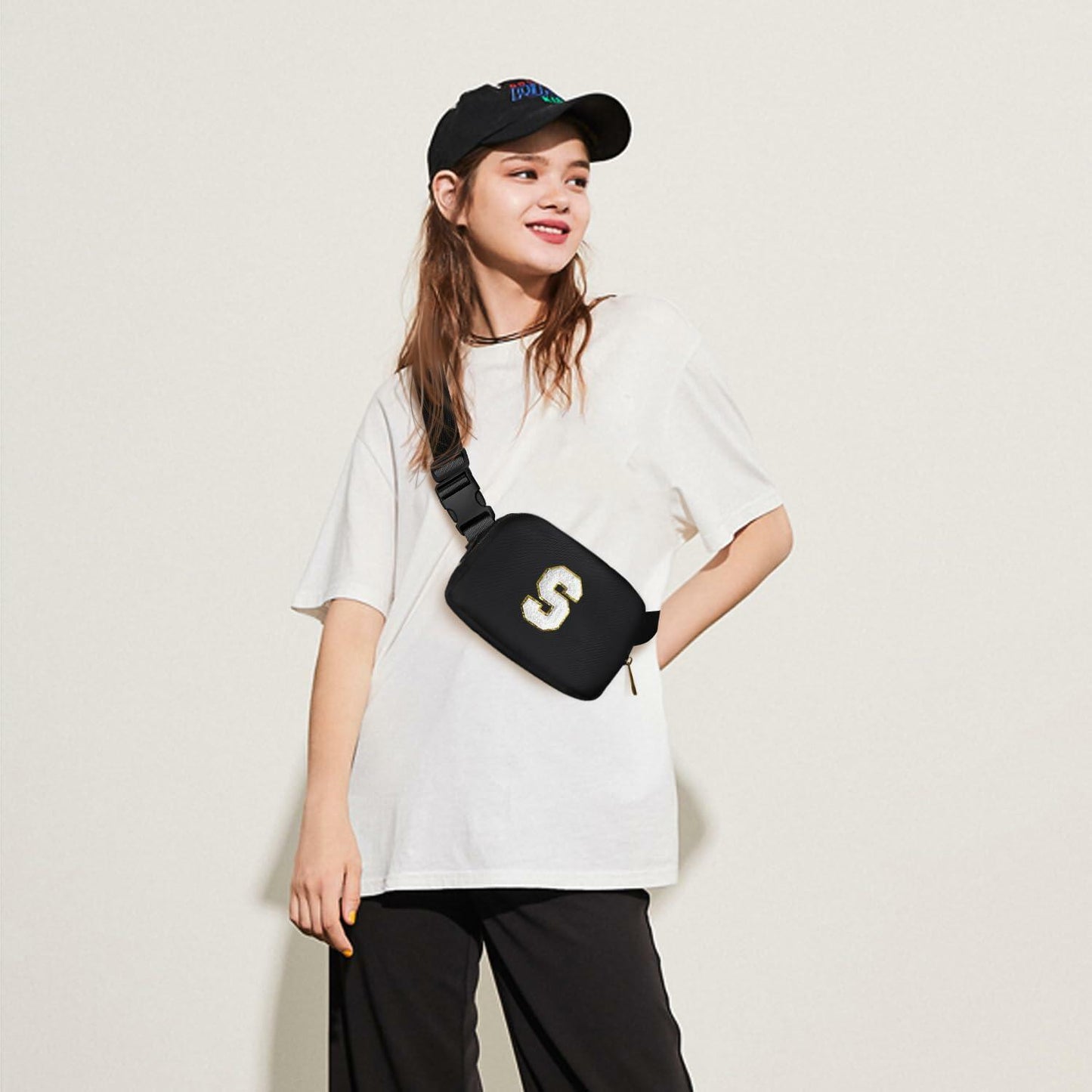 Gitus Personalized Fanny Pack Crossbody Bag for Girls Black Letter Patch