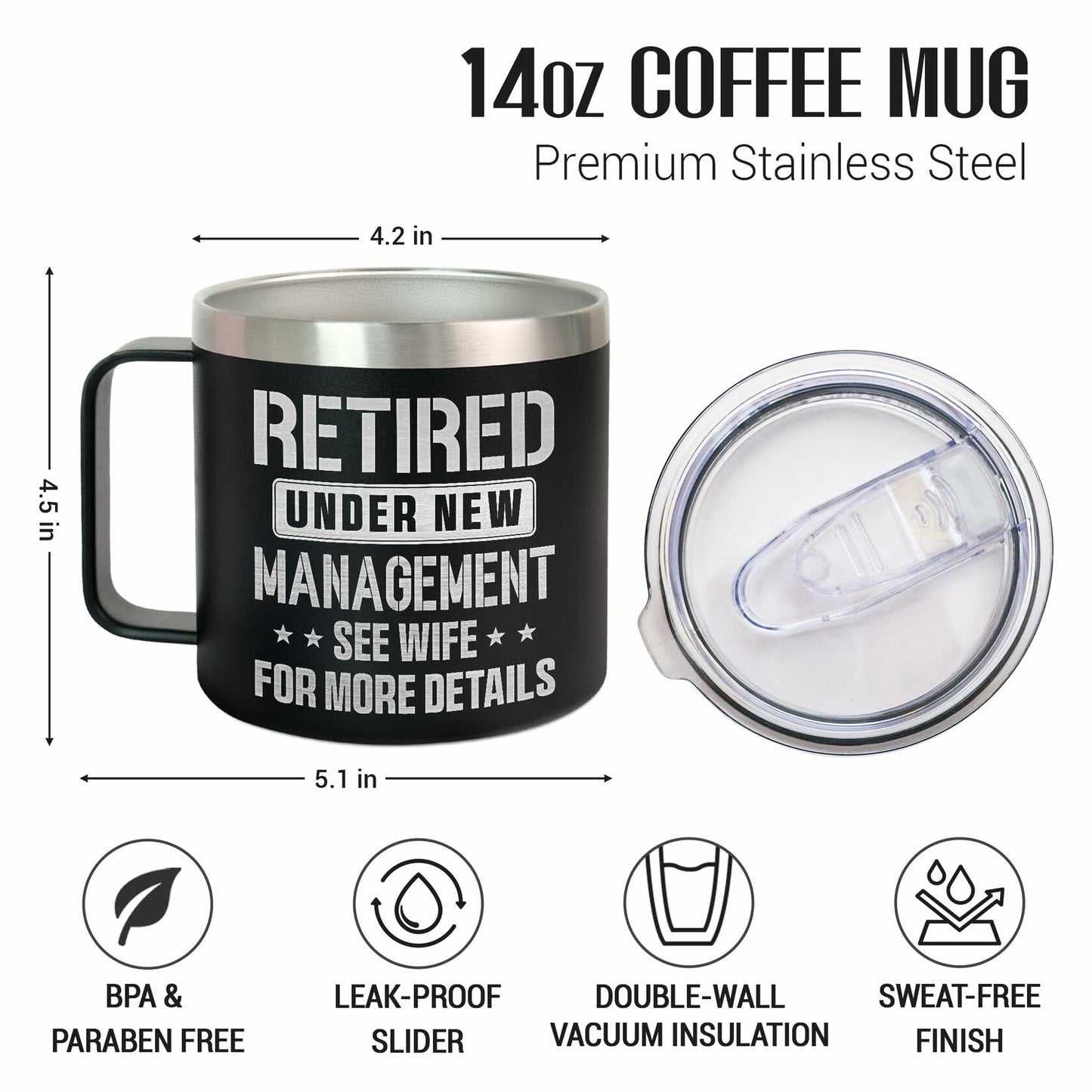 GAUDORA 14oz Stainless Steel Insulated Coffee Mug with Lid - Black Funny