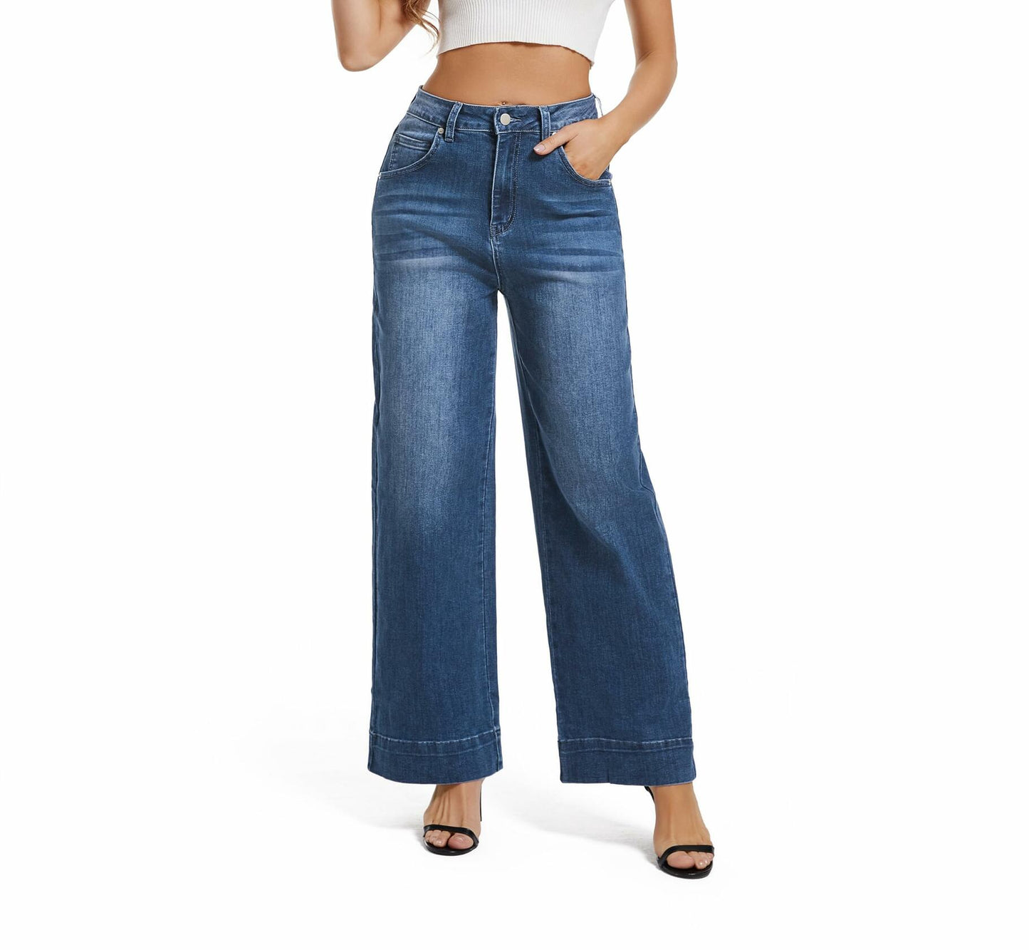 Guaile Womens High Waisted Stretchy Wide Leg Jeans Jean Blue Size 6