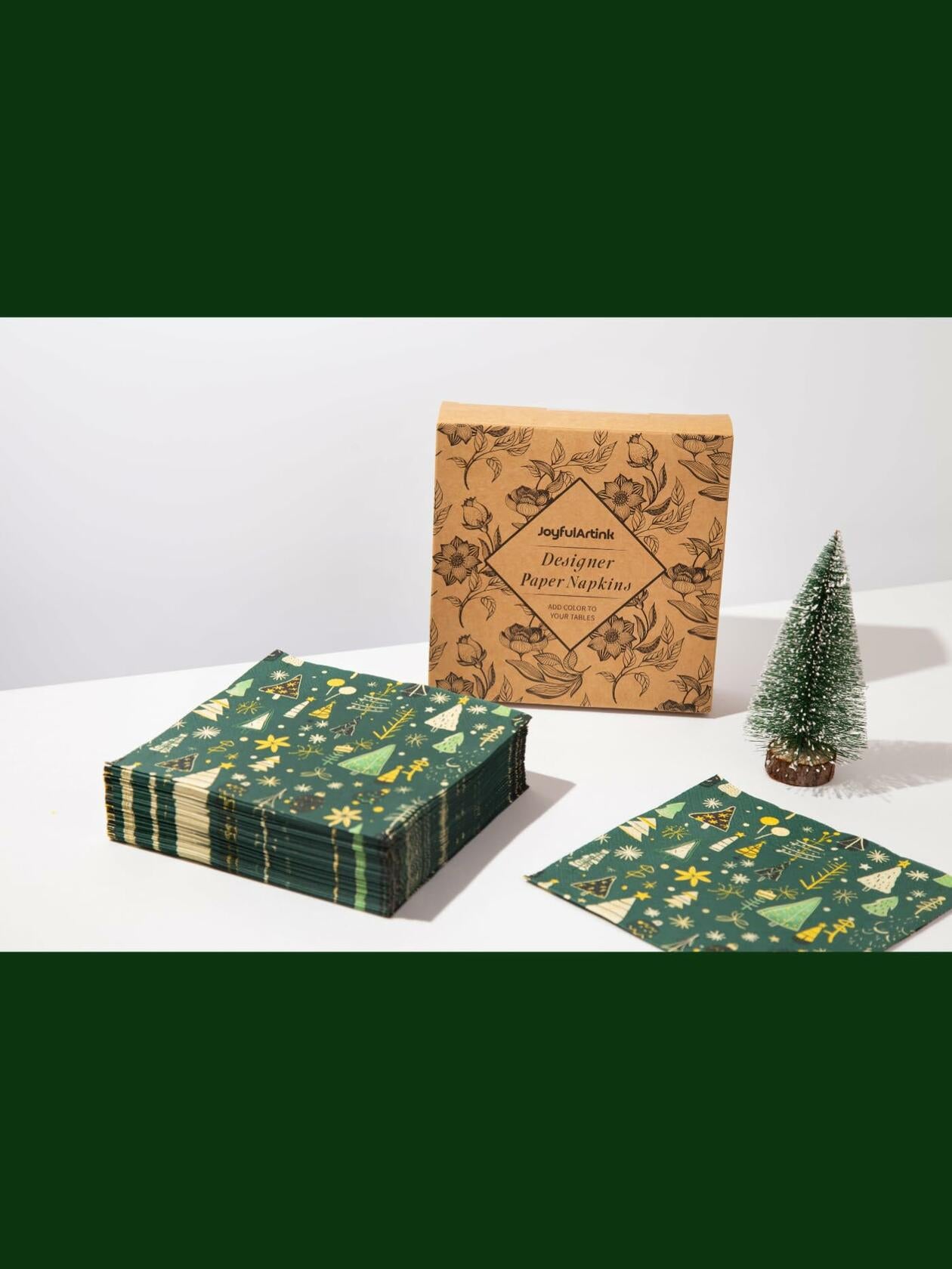 JoyfulArtink 3-Ply Paper Napkins 6.5x6.5in 50 Count Festive Forest Green