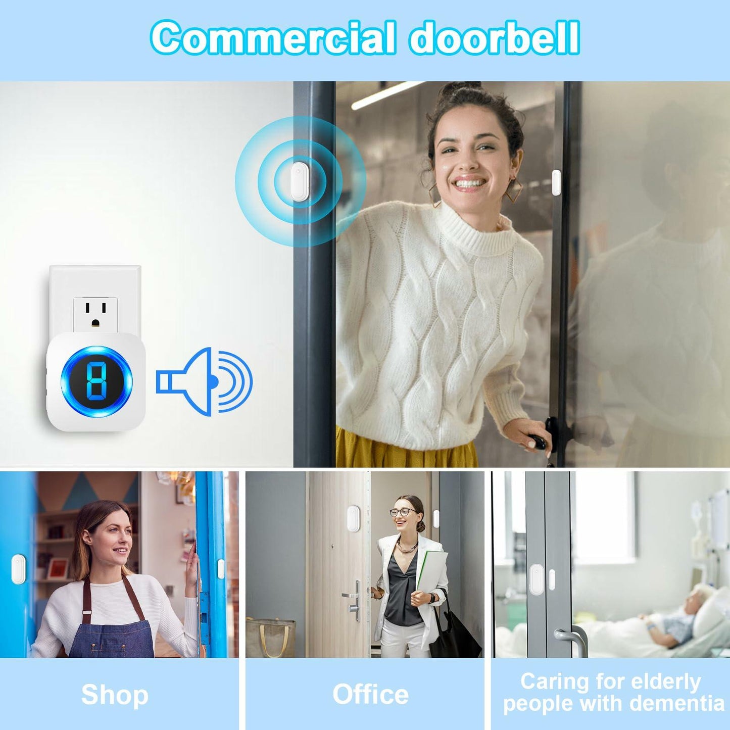 SURFOU Wireless Doorbell Chime 4 Sensors 2 Receivers 55 Chimes IP55 White