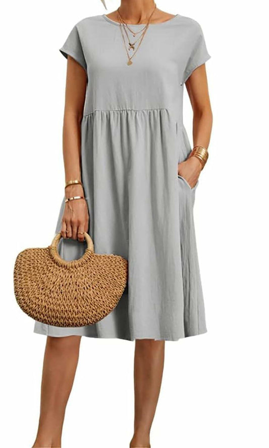 Kubsid Gray Cotton Linen Short Sleeve Casual Beach Dress Size XL