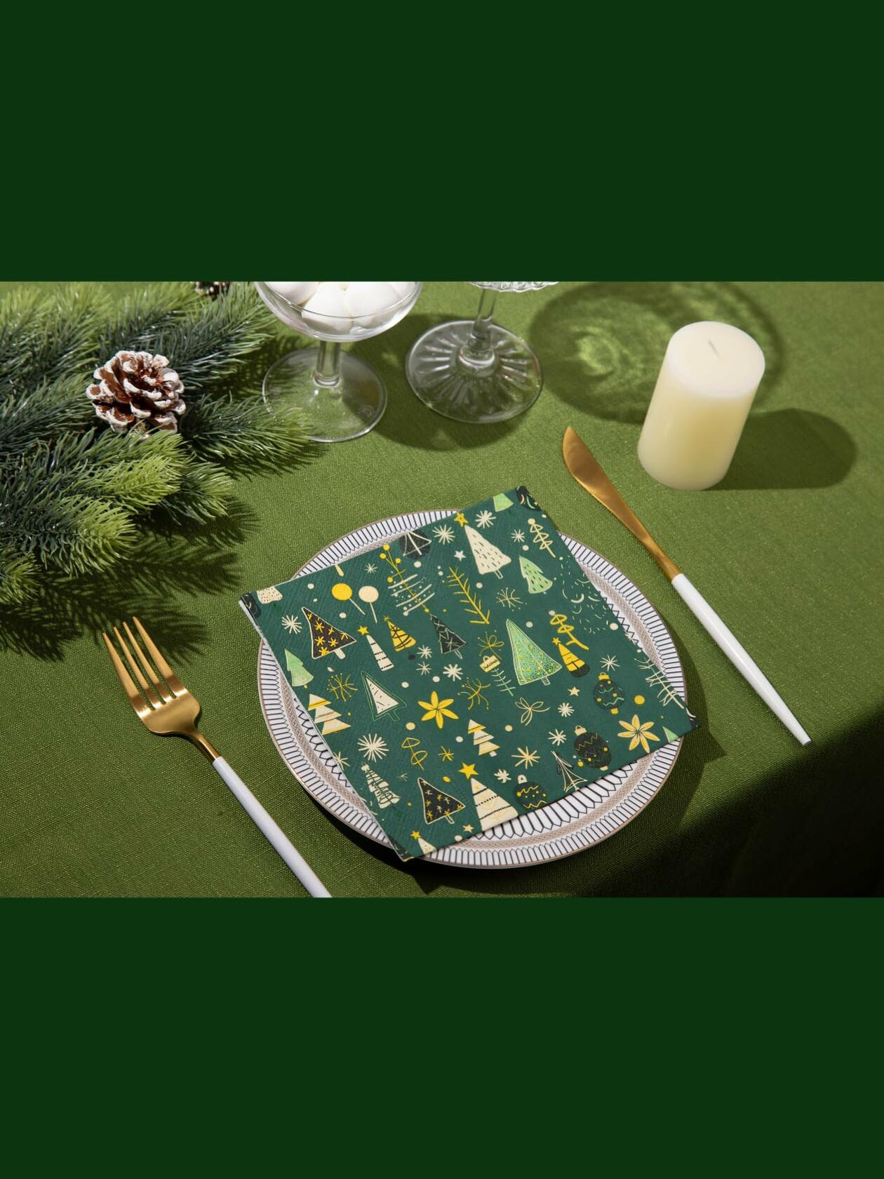 JoyfulArtink 3-Ply Paper Napkins 6.5x6.5in 50 Count Festive Forest Green