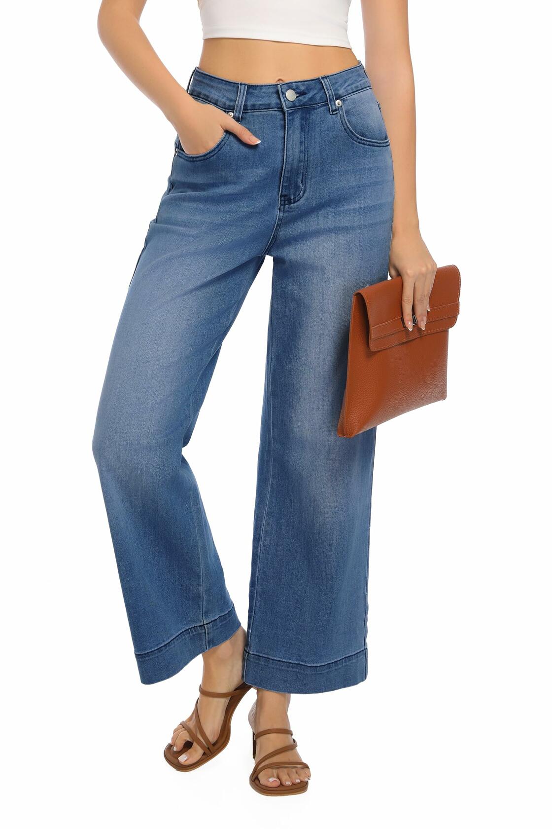 Guaile Womens High Waisted Stretchy Wide Leg Jeans Jean Blue Size 6