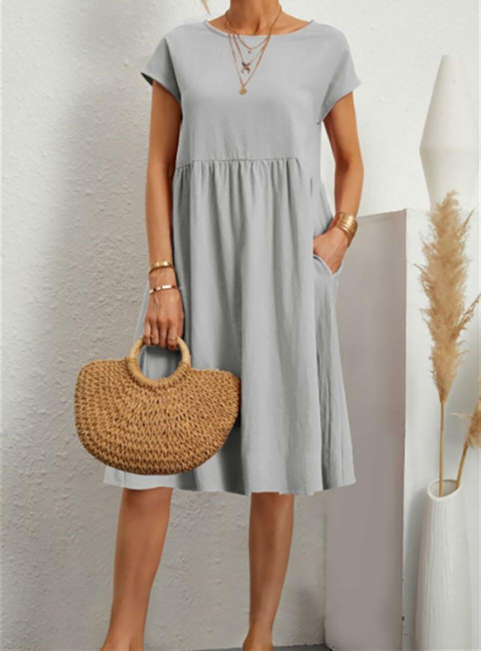 Kubsid Gray Cotton Linen Short Sleeve Casual Beach Dress Size XL