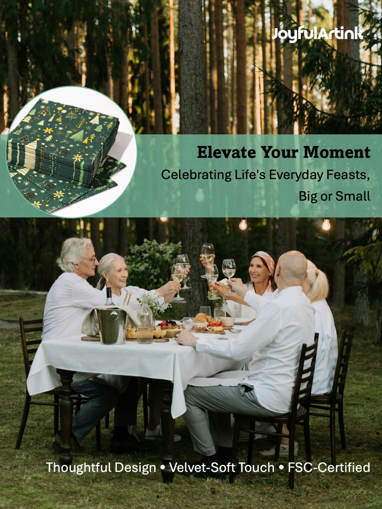 JoyfulArtink 3-Ply Paper Napkins 6.5x6.5in 50 Count Festive Forest Green