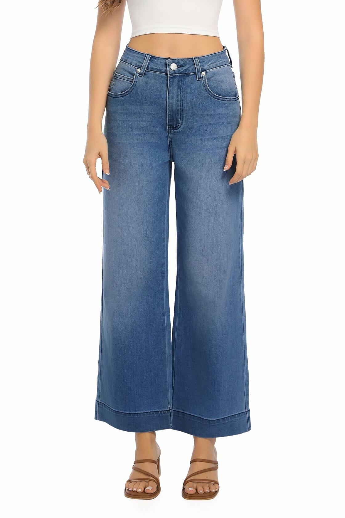 Guaile Womens High Waisted Stretchy Wide Leg Jeans Jean Blue Size 6