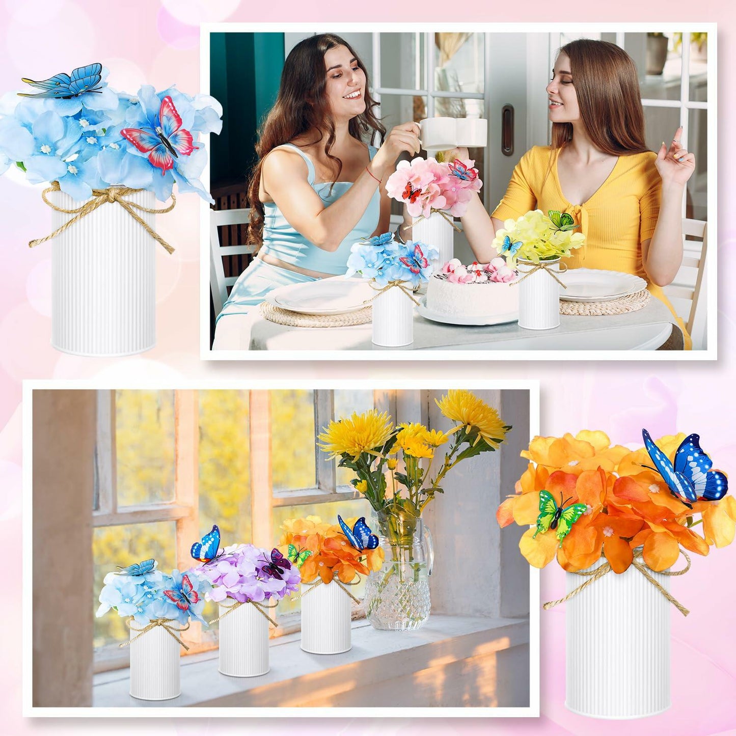 Mimorou 6 Sets Artificial Hydrangea Flower Centerpieces White Metal Pots