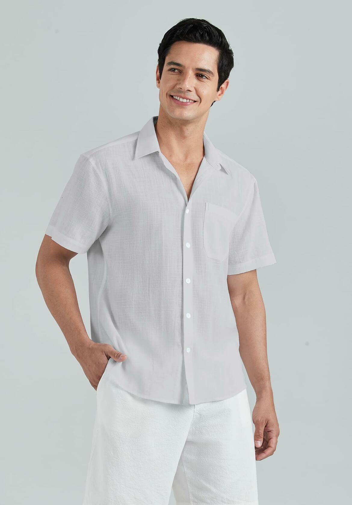 HISDERN Men's Linen Cotton Casual Button Down Shirt Grey Size 4X-Large