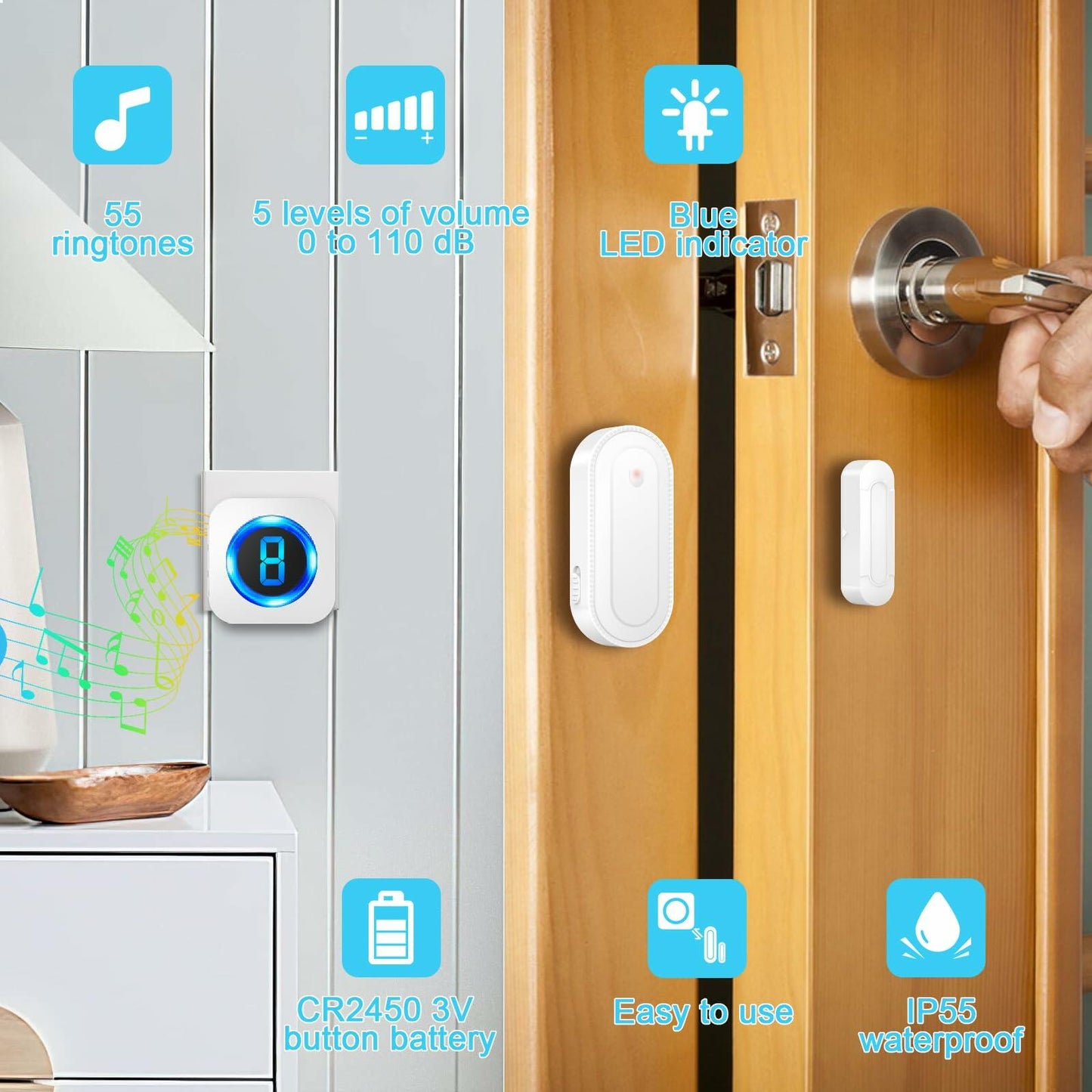 SURFOU Wireless Doorbell Chime 4 Sensors 2 Receivers 55 Chimes IP55 White