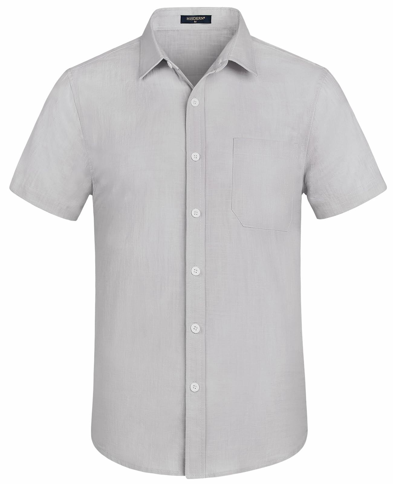 HISDERN Men's Linen Cotton Casual Button Down Shirt Grey Size 4X-Large