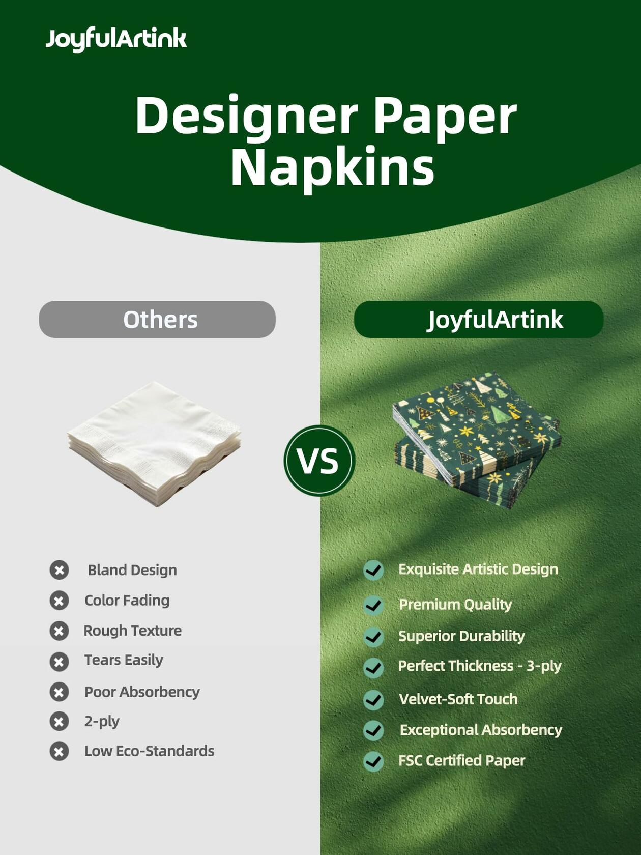 JoyfulArtink 3-Ply Paper Napkins 6.5x6.5in 50 Count Festive Forest Green