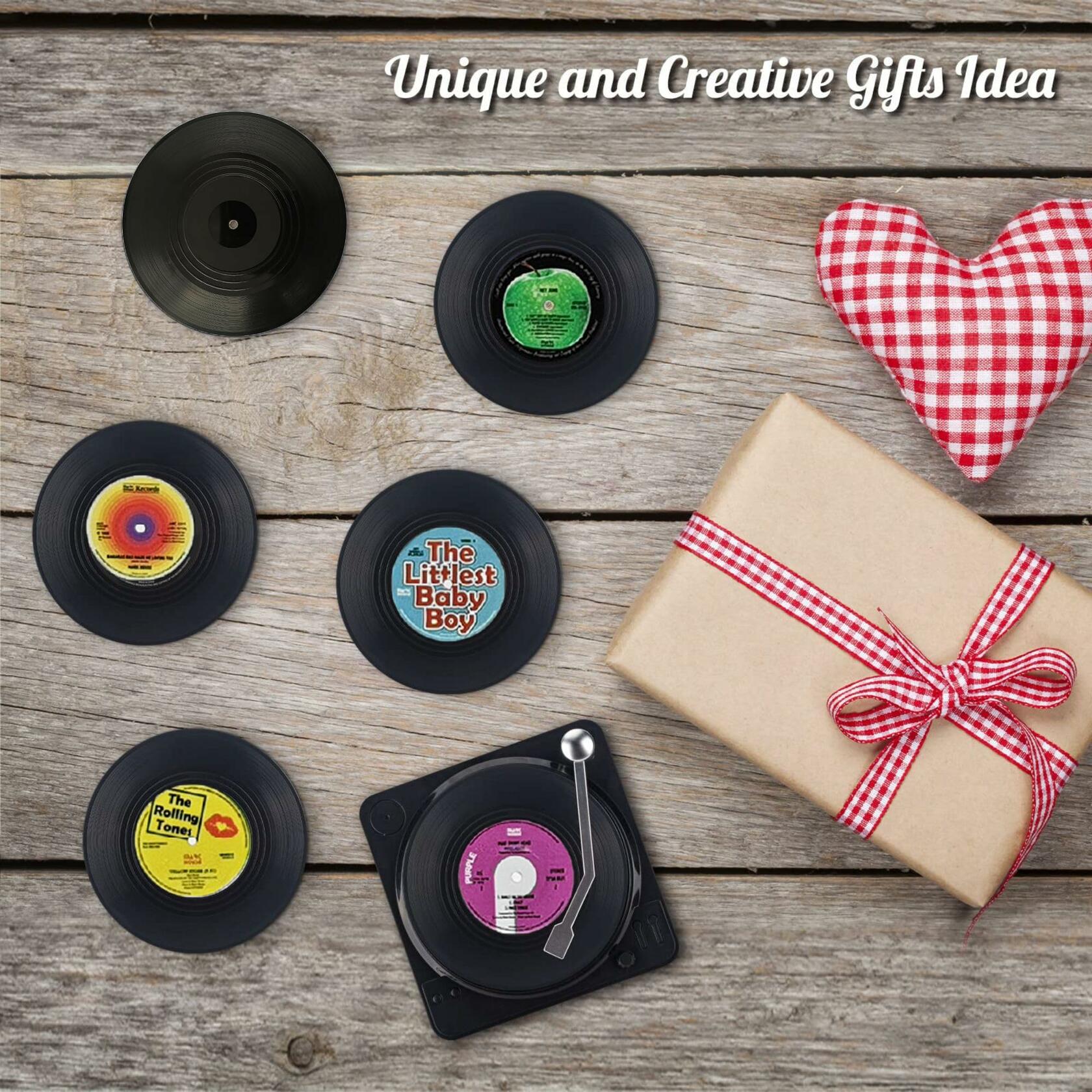 Sufcnire Retro Record Coasters with Vinyl Player Holder Set of 6 M1 Series