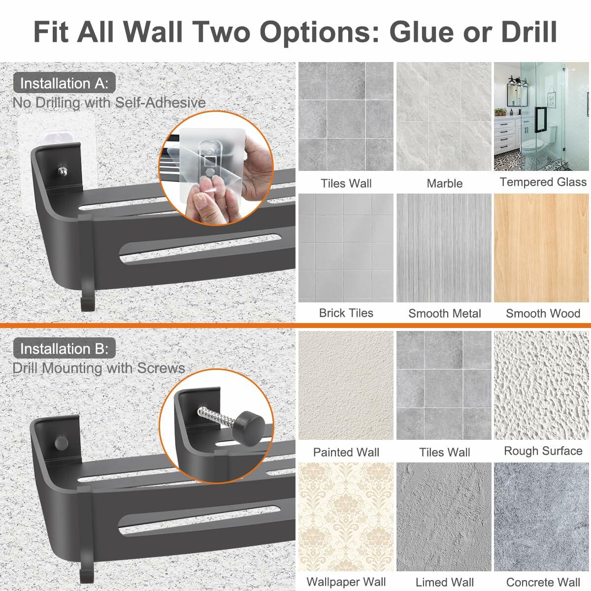 BELICOO Shower Caddy Adhesive Organizer Rustproof Aluminium 2 Pack Silver Black