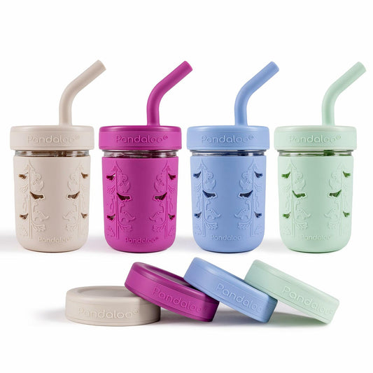 Pandaloo Mason Jar Toddler Cup 8oz Spill-Proof Glass Tumbler 4 Pack Blue