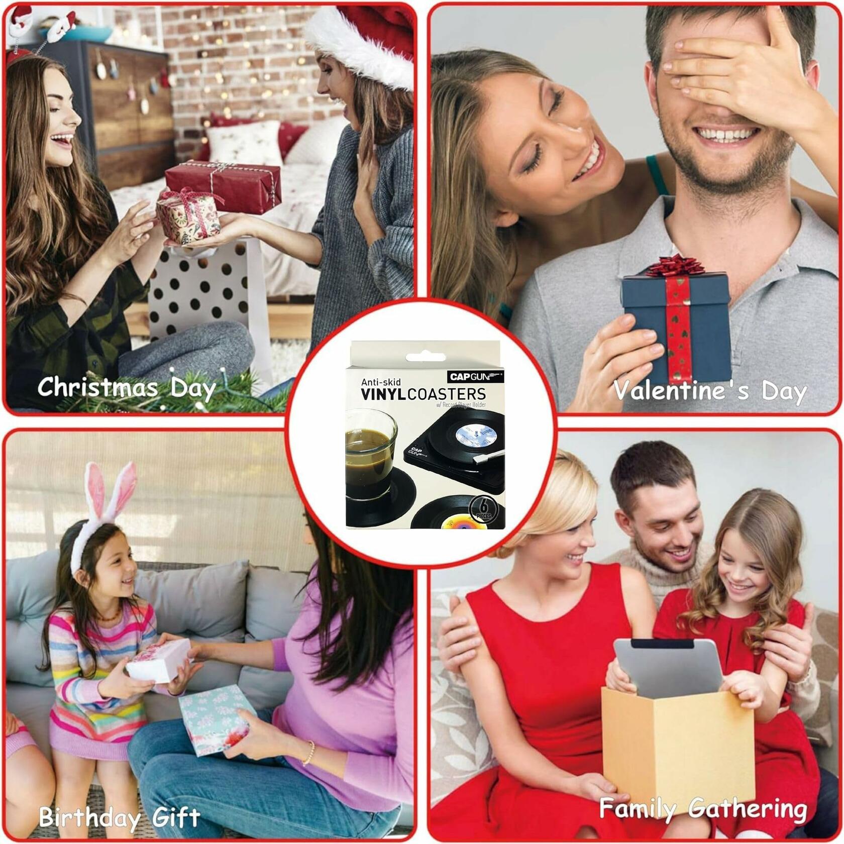 Sufcnire Retro Record Coasters with Vinyl Player Holder Set of 6 M1 Series