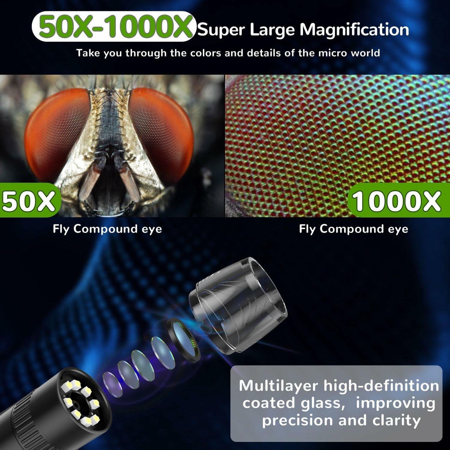 IMICHI Kids Microscope 50X-1000X 2" IPS HD Screen 2-31MP Photos Black