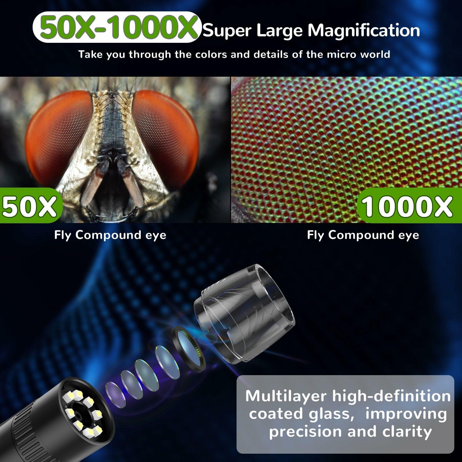 IMICHI Kids Microscope 50X-1000X 2" IPS HD Screen 2-31MP Photos Black
