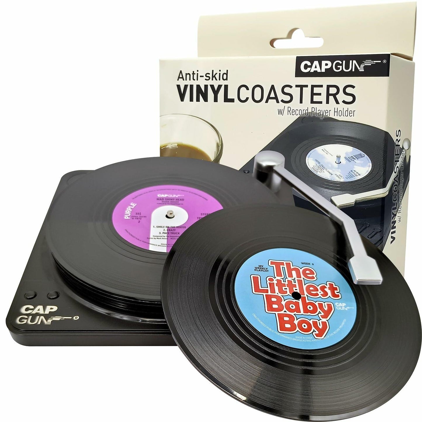 Sufcnire Retro Record Coasters with Vinyl Player Holder Set of 6 M1 Series