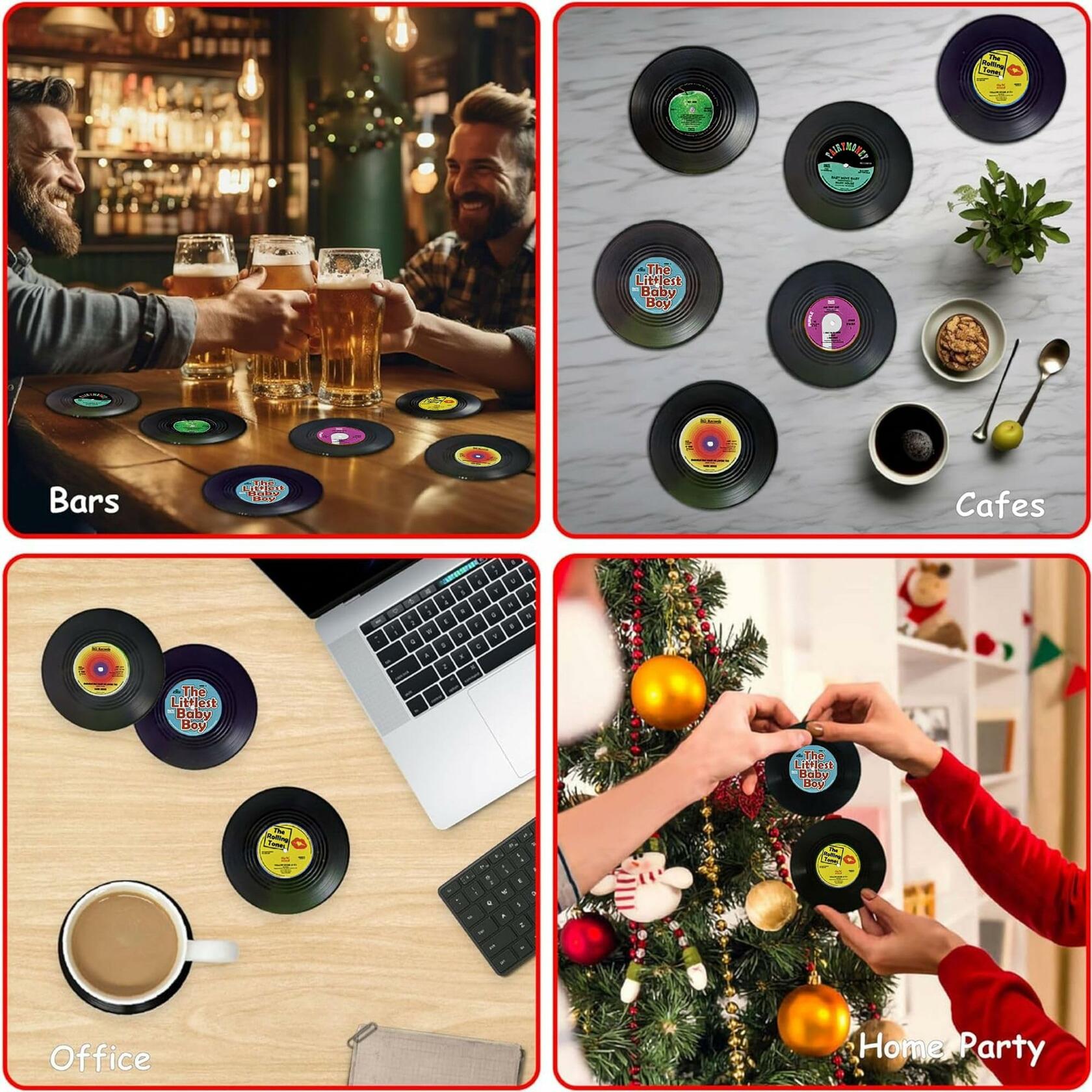 Sufcnire Retro Record Coasters with Vinyl Player Holder Set of 6 M1 Series