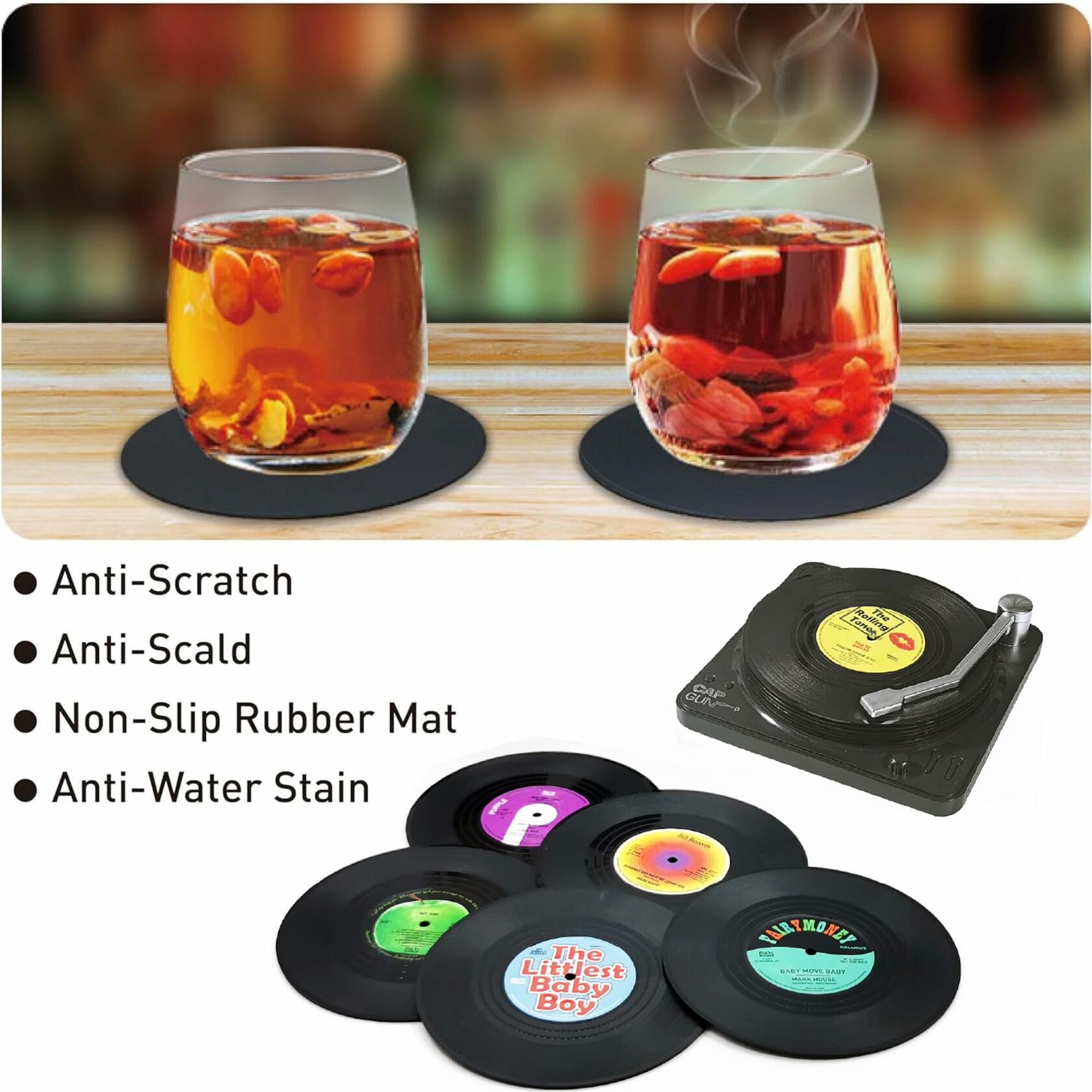 Sufcnire Retro Record Coasters with Vinyl Player Holder Set of 6 M1 Series
